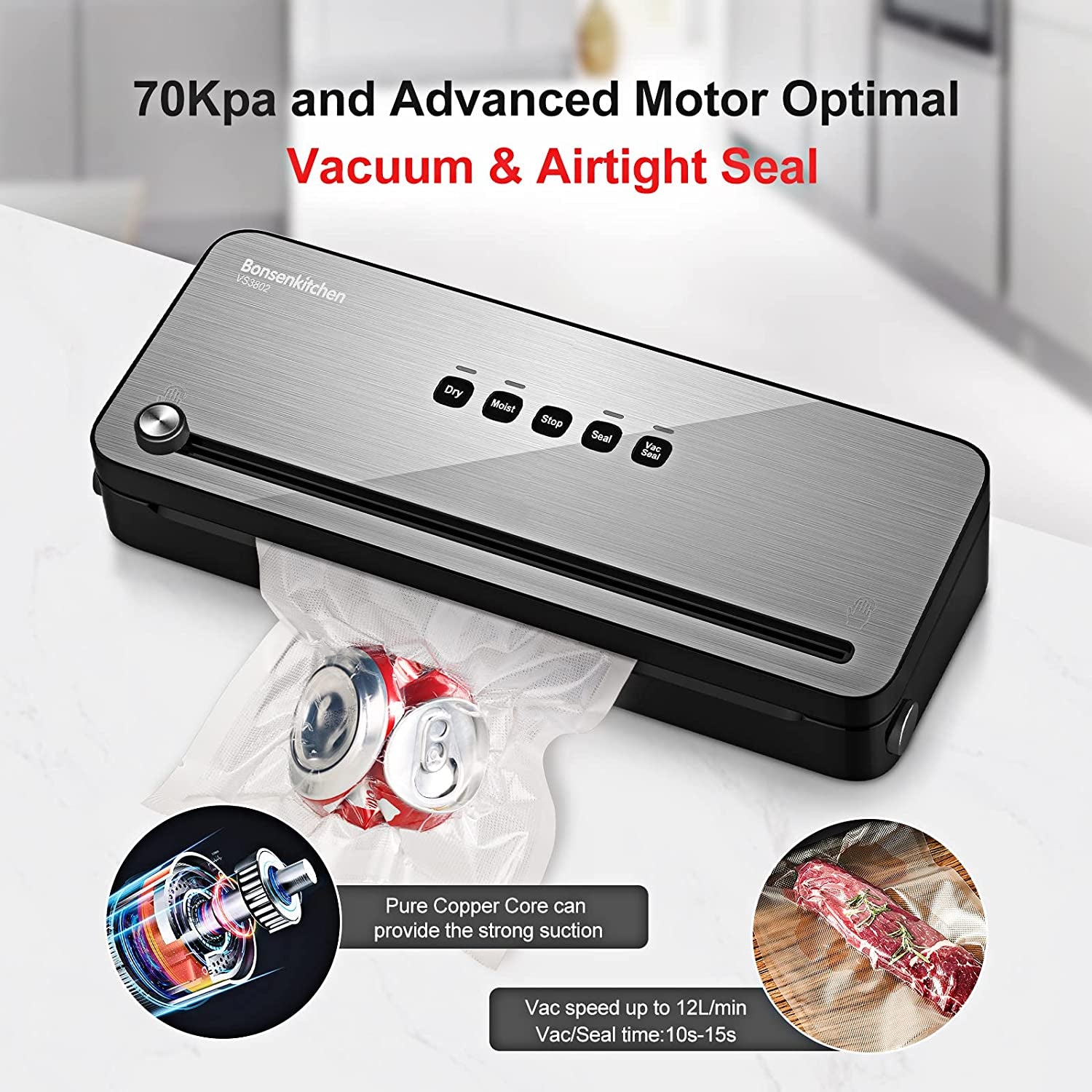 Vacuum Sealer with Built-In Cutter & Roll Bag Storage, Lightweight
